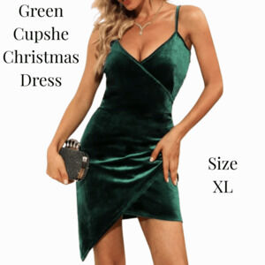 NWT Green Christmas Cupshe Dress-Womens Velvet, Green, Cami, Mini Dress, Sz XL